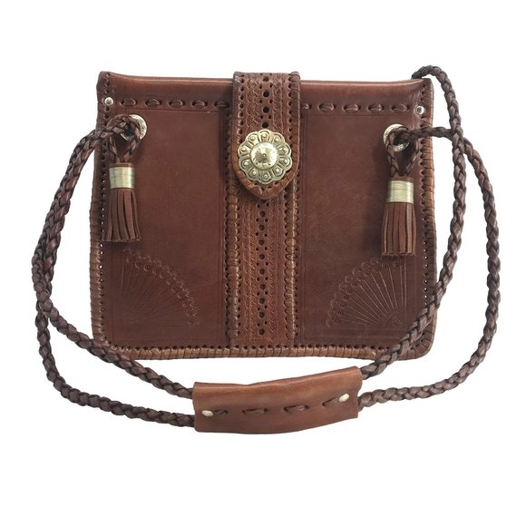 Unbranded Handmade In Morocco Handbags - Shoulder Bag Two Handle Brown Leather Southwestern Concho Handmade Morocco